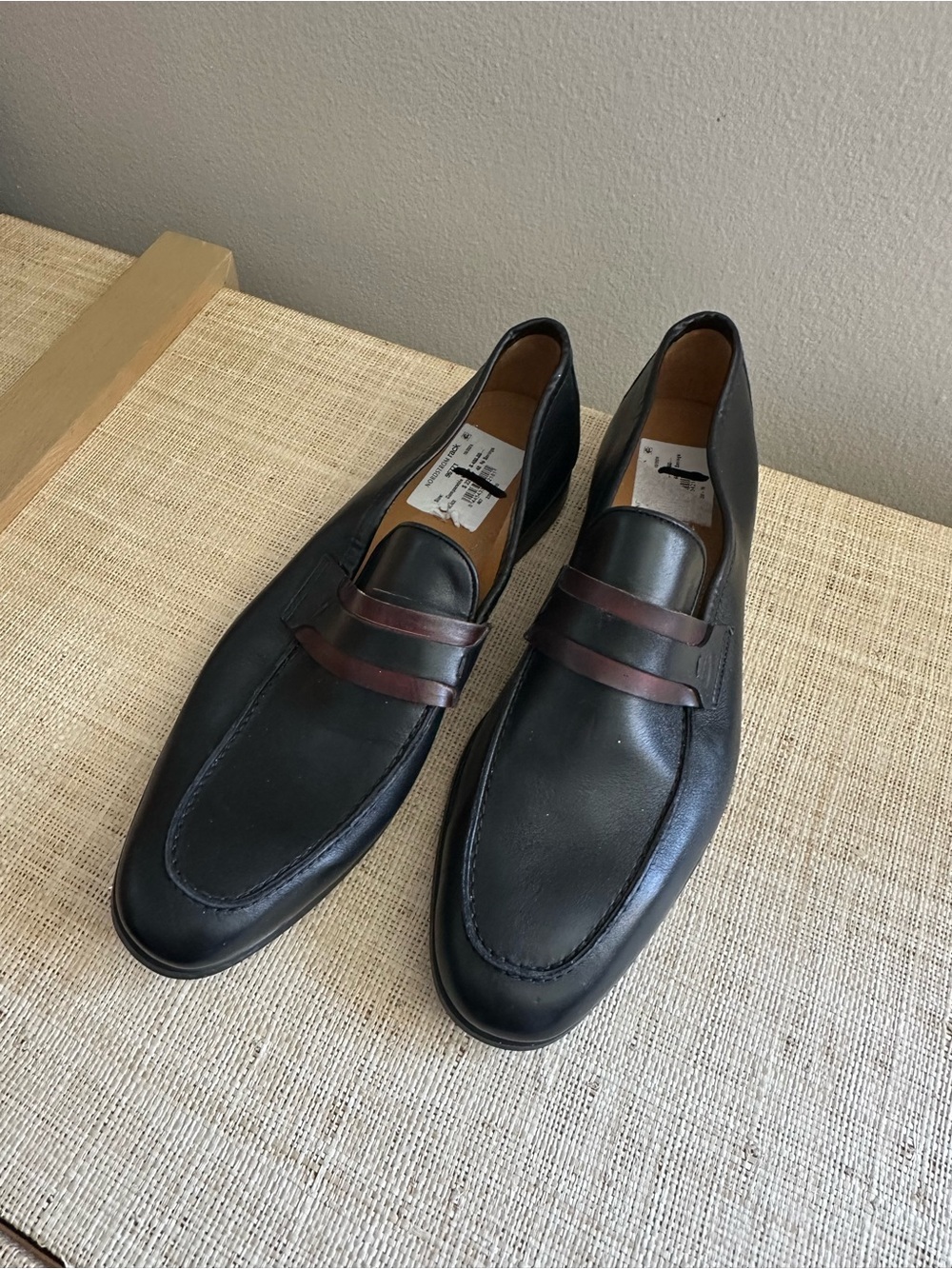 Magnanni Black Leather Penny Loafers with Brown Strap Detail
